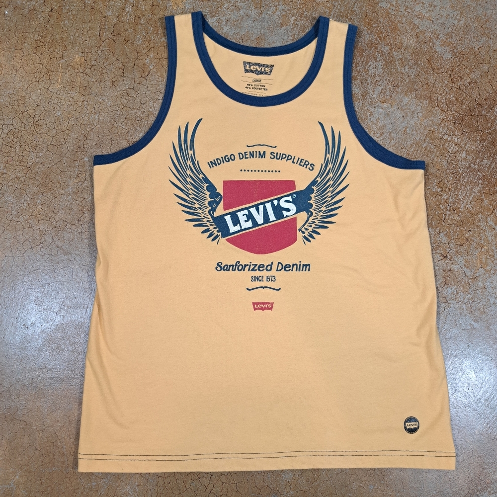 Levis Shirt L Mustard Yellow Navy Trim Logo Wing Graphic Sleeveless Cotton Blend